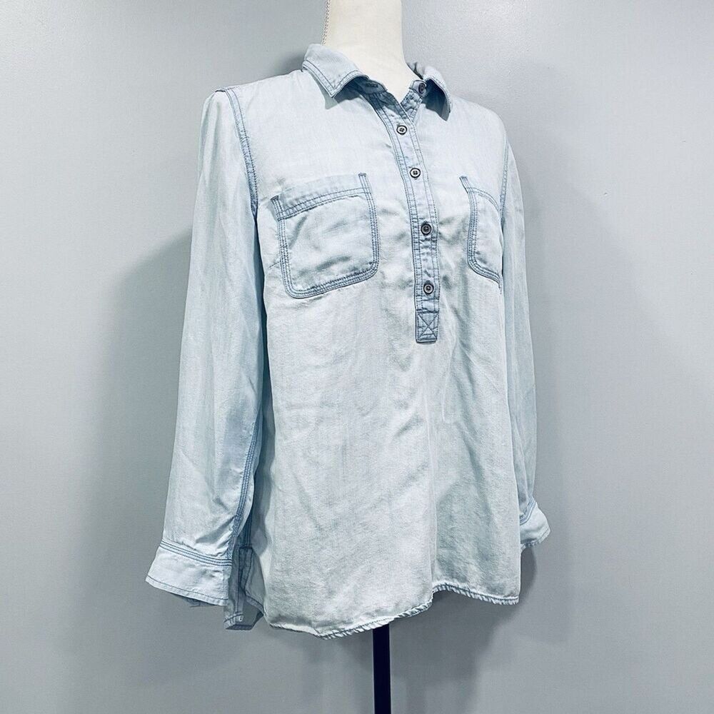 TALBOTS LP Light Blue Chambray Denim Popover Roll Tab Blouse Western Utility